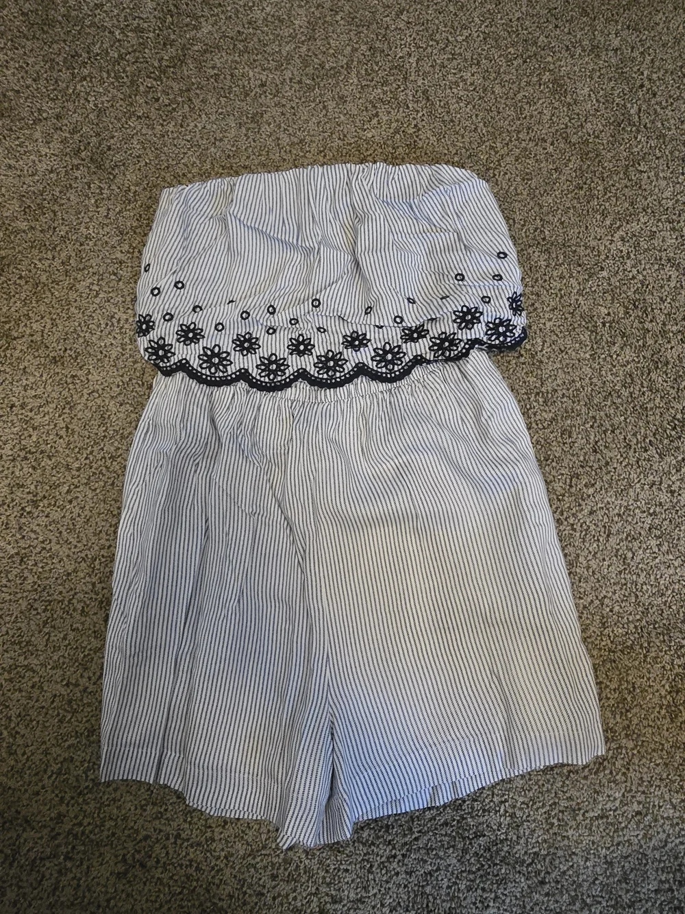 Jessica Simpson Blue and White Striped Strapless Romper with Navy Eyelet Trim
